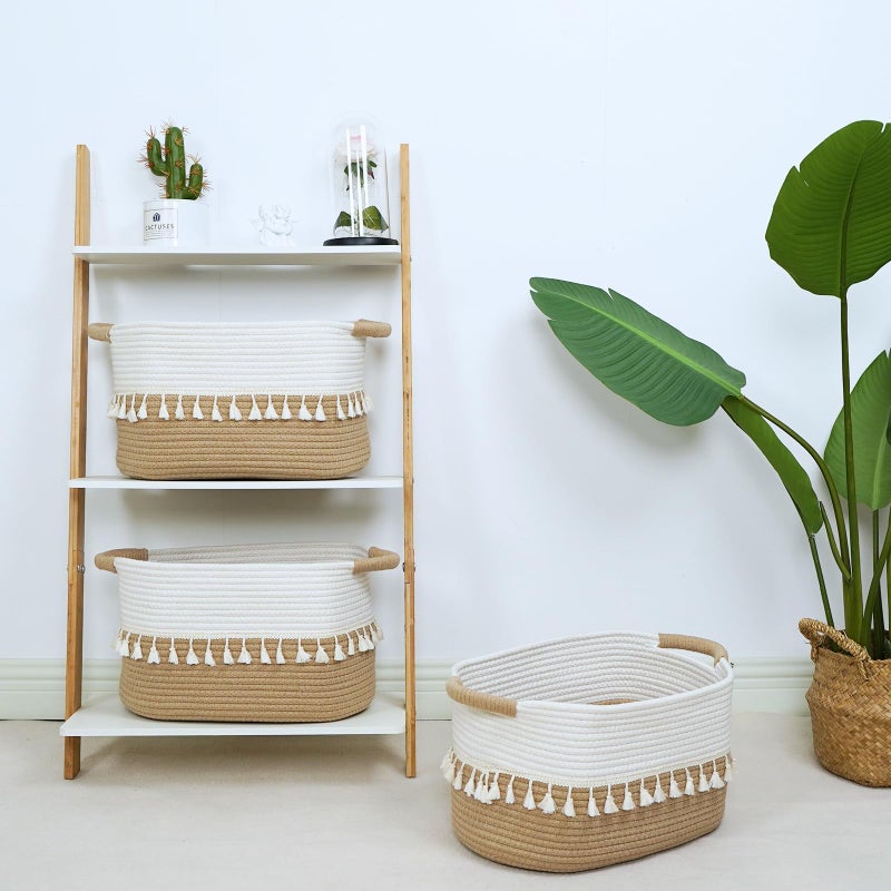 TeoKJ Woven Storage Bin Set of 3, Cotton Rope Basket for Storage, Clothes Boho Basket Bin for Organizing, Fabric Basket for Books, Plants, Pet Treats, White & Jute - Image 5