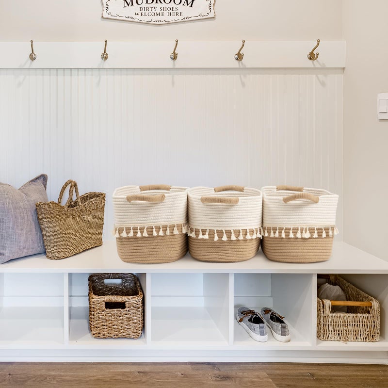 TeoKJ Woven Storage Bin Set of 3, Cotton Rope Basket for Storage, Clothes Boho Basket Bin for Organizing, Fabric Basket for Books, Plants, Pet Treats, White & Jute - Image 3