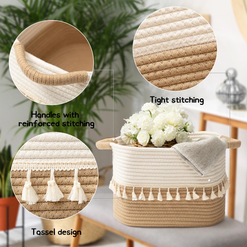 TeoKJ Woven Storage Bin Set of 3, Cotton Rope Basket for Storage, Clothes Boho Basket Bin for Organizing, Fabric Basket for Books, Plants, Pet Treats, White & Jute - Image 4