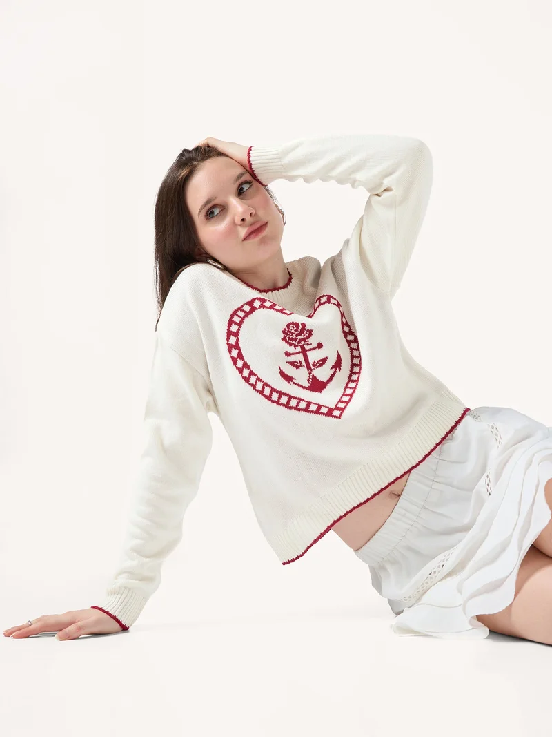 أوجيدر White Contrast Stitch Hem And Neck With Graphic Sweater