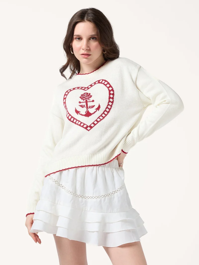 OUTZIDR White Contrast Stitch Hem And Neck With Graphic Sweater