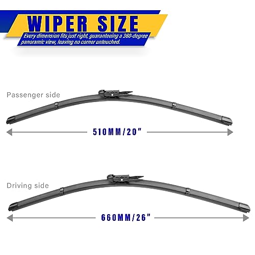Rooppa 2 wipers Replacement for 2005-2012 Toyota Avalon/2013-2017 Ford Taurus/2010-2016 Lincoln MKS, Windshield Wiper Blades Original Equipment Replacement - 26"/20" (Set of 2) Pinch Tab - Image 2