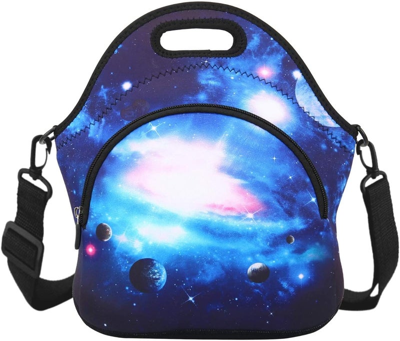 Violet Mist Womens Neoprene Insulated Galaxy Space lunch Bag Lunch Tote Bag Thermal Lunch Box with Extra Pocket Detachable Adjustable Shoulder Lunchbox Food Handbags Gift for Women Men Blue Star Sky - Image 1