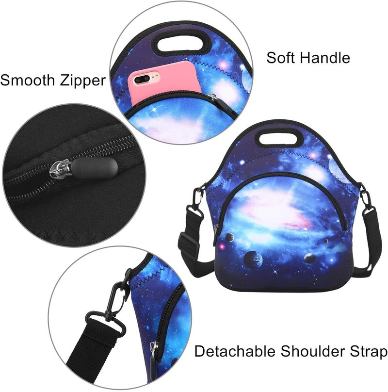Violet Mist Womens Neoprene Insulated Galaxy Space lunch Bag Lunch Tote Bag Thermal Lunch Box with Extra Pocket Detachable Adjustable Shoulder Lunchbox Food Handbags Gift for Women Men Blue Star Sky - Image 3