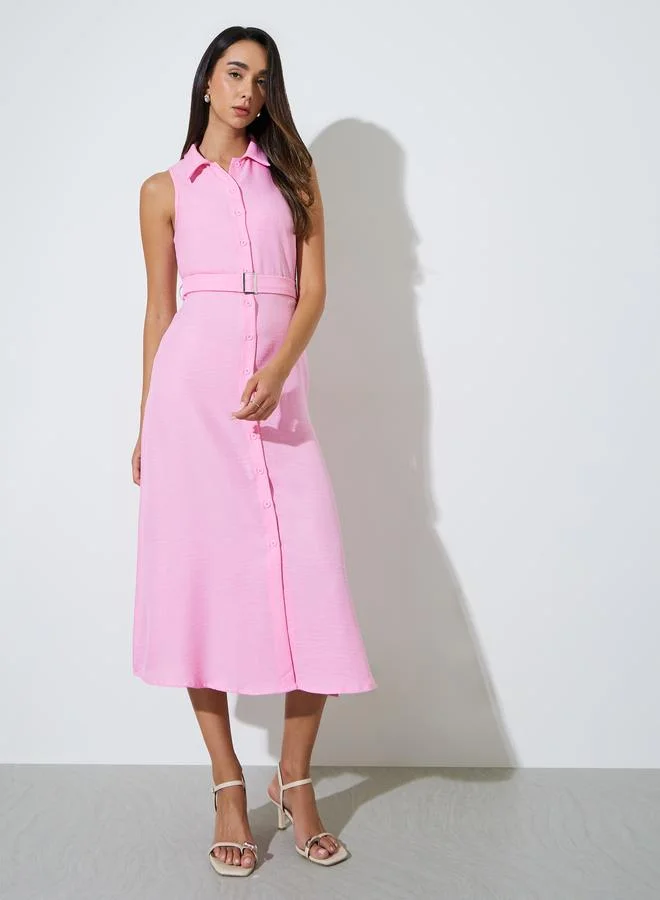 ستايلي Pink Sleeveless Belted Shirt Midi Dress