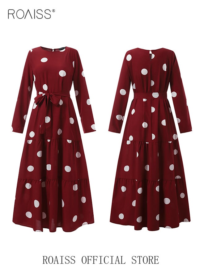 رويس فستان نسائي بأكمام طويلة عتيق زخرفة منقطة  تنورة طويلة بحزام بحواف كبيرة ملابس إسلامية إسلامية - Image 2