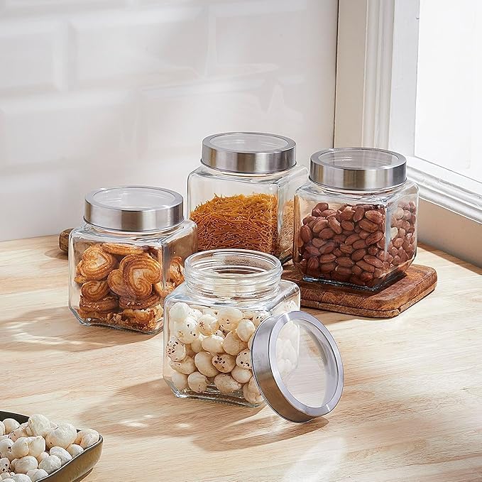 Glass Spice Storage Jars with Metal Lids 310 ml Piramal Glass Square Clear JarsContainers For Kitchen PantrySnacksMasalaHoneyPicklesCookiesDry FruitsCoffee Beans Storage Jar 510 Ml 4 - Image 1