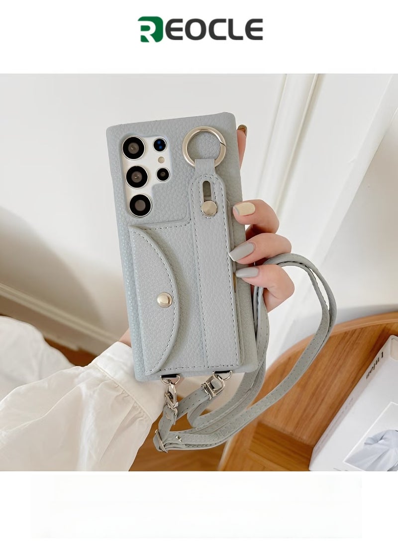 REOCLE Samsung Galaxy S23 Ultra Case with Card Holder & Crossbody Shoulder Strap & Wristband Litchi Texture Phone Cover Case for Galaxy S23 Ultra - Image 1