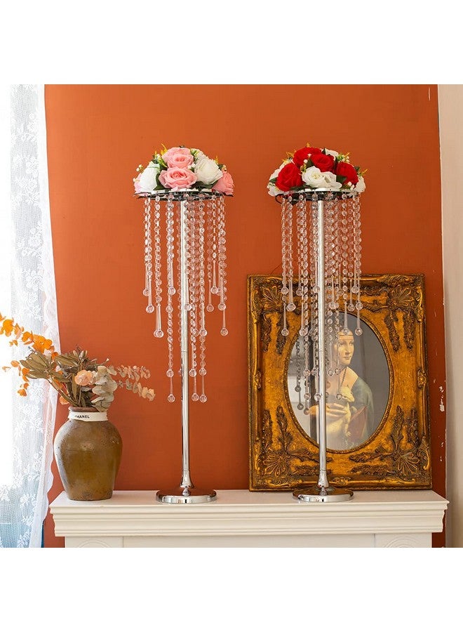 LANLONG Wedding Centerpieces For Tables 2Pcs Tall Metal Flower Vases With Chandelier Crystal 29.5In Silver Flower Stand Centerpieces For Tables Wedding Reception Birthday Party Events Home Decor - Image 3