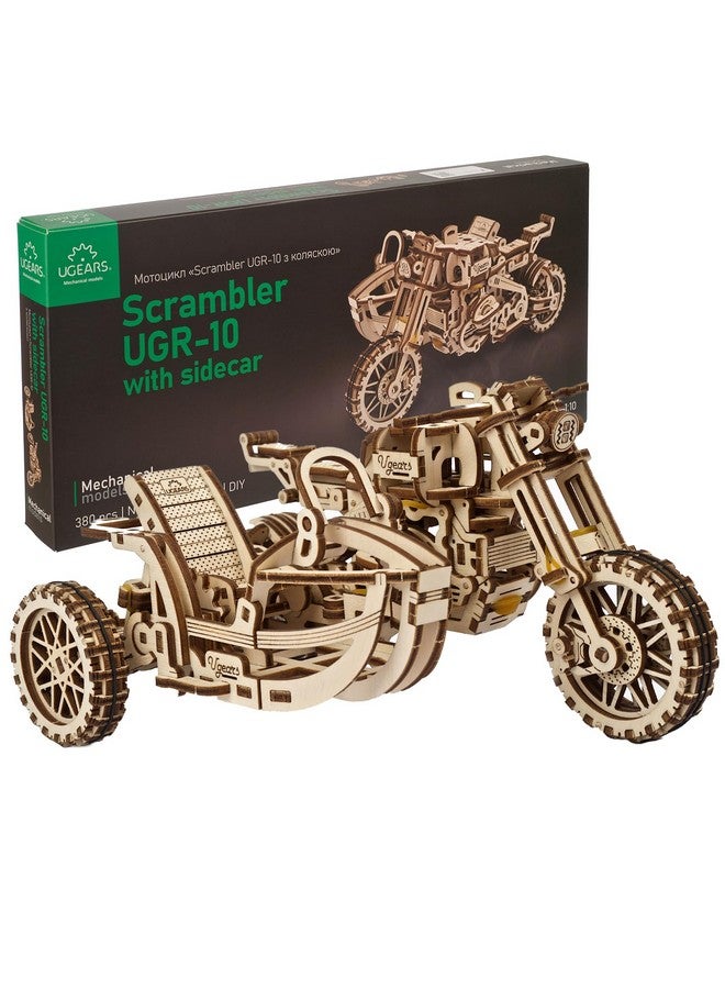 UGEARS UGEARS Scrambler UGR-10 with Sidecar Motorcycle 3D Puzzles - Wooden Model Kits for Adults to Build - Retro Design Sidecar Motorbike Model Kit with Rubber Band Motor - Bike Model Building Kit  - Image 1