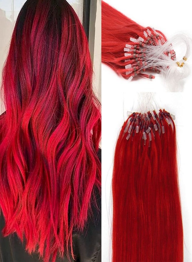 Yotty Red Hair Extensions - Micro Beads, Real Human Hair, Bright Red, Silicone Micro Ring Loop Tipped, Remy Human Hair, Solid Color, Silky Straight, 20inch, 100S, 50gr, 0.5g/s - Image 1