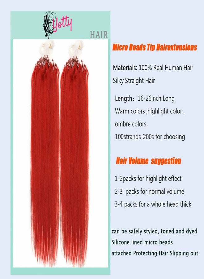 Yotty Red Hair Extensions - Micro Beads, Real Human Hair, Bright Red, Silicone Micro Ring Loop Tipped, Remy Human Hair, Solid Color, Silky Straight, 20inch, 100S, 50gr, 0.5g/s - Image 5