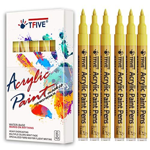 TFIVE Yellow Marker Paint Pens - 6 Pack Acrylic Yellow Permanent Marker, 0.7mm Extra Fine Tip Paint Pen for Art Projects, Drawing, Rock Painting, Ceramic, Glass, Wood, Plastic, Metal, Canvas DIY Crafts - Image 1