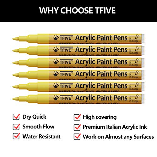 TFIVE Yellow Marker Paint Pens - 6 Pack Acrylic Yellow Permanent Marker, 0.7mm Extra Fine Tip Paint Pen for Art Projects, Drawing, Rock Painting, Ceramic, Glass, Wood, Plastic, Metal, Canvas DIY Crafts - Image 2