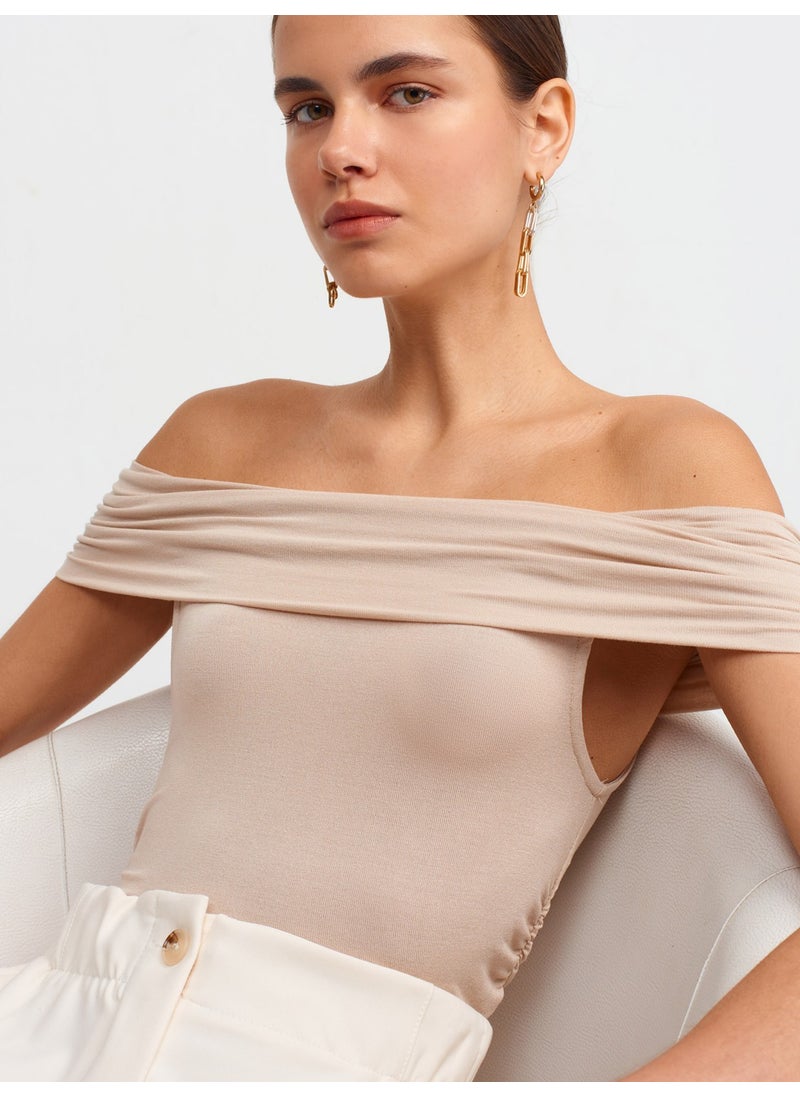 Dilvin 30902 Off Shoulder Gathered Top-Beige  - Image 1