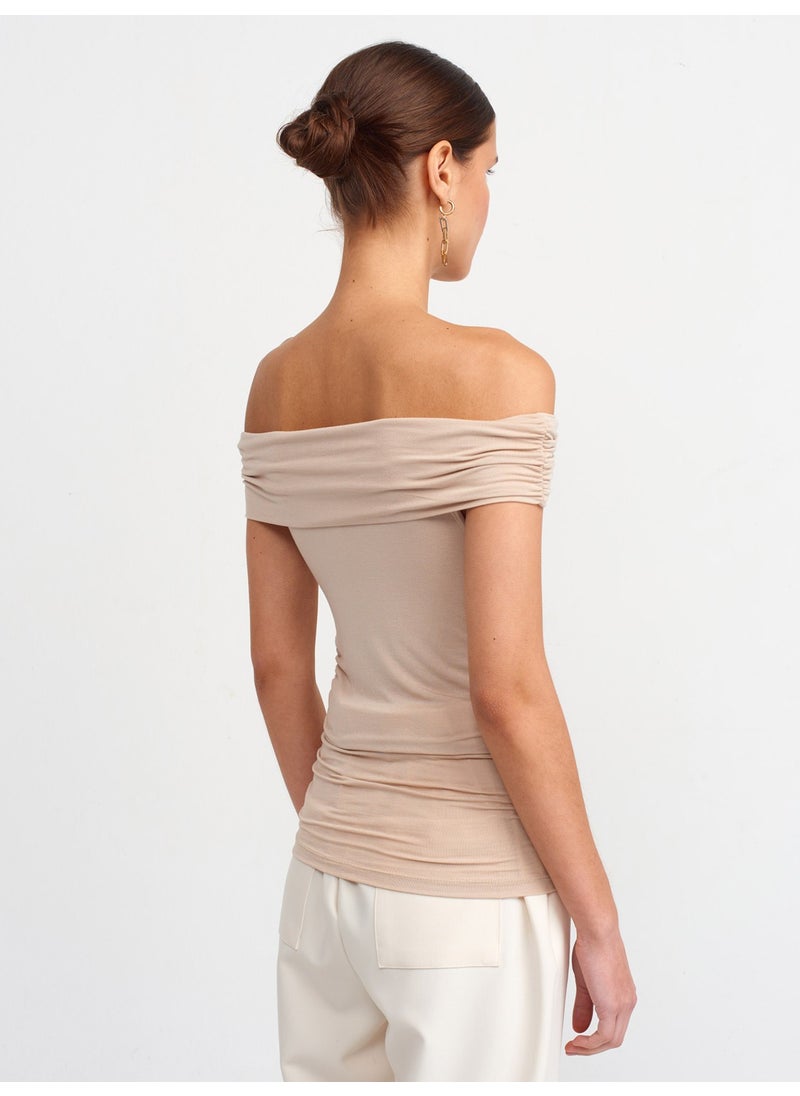 Dilvin 30902 Off Shoulder Gathered Top-Beige  - Image 2