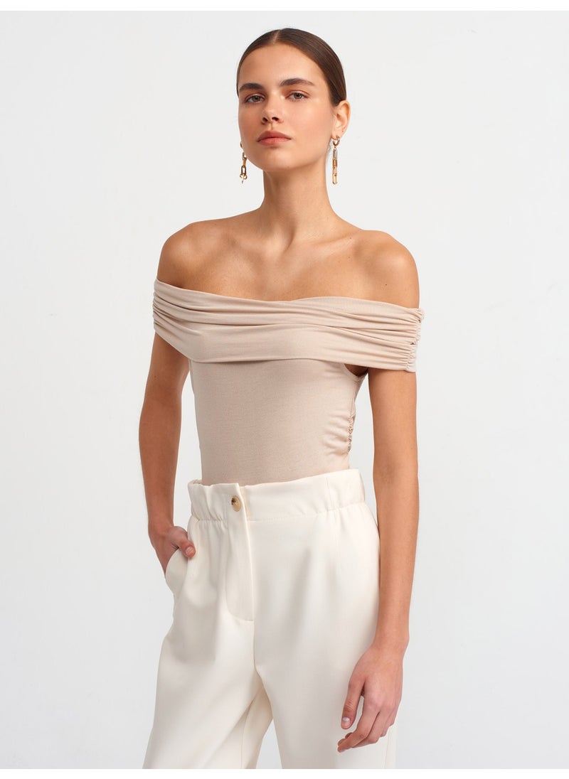 Dilvin 30902 Off Shoulder Gathered Top-Beige  - Image 4
