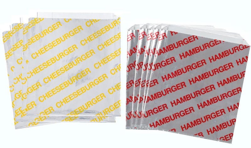 Outside the Box Papers Printed Foil Hamburger and Cheeseburger Bags 50 Each Silver Red Yellow