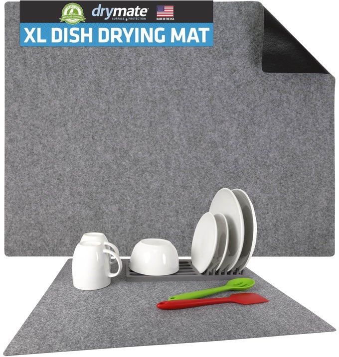 XL DISH DRYING MAT OVERSIZED 19X24 LOWPROFILE SUPER ABSORBENT QUICK DRY FABRIC WATERPROOF SLIPRESISTANT FOR KITCHEN COUNTER TRIMMABLE EASY TO CLEAN USA MADELIGHT GREY