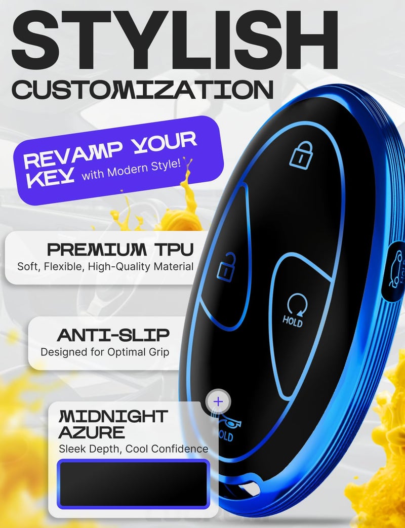 Lucrum Compatible with Hyundai Key Fob Cover & Leather Keychain, Keyfob Case for Santa Fe, Sonata, Tucson, Grandeur, Ioniq 6, KONA, Elantra - For 5 Button Remote (2022-2025) - Blue and Black - Image 3