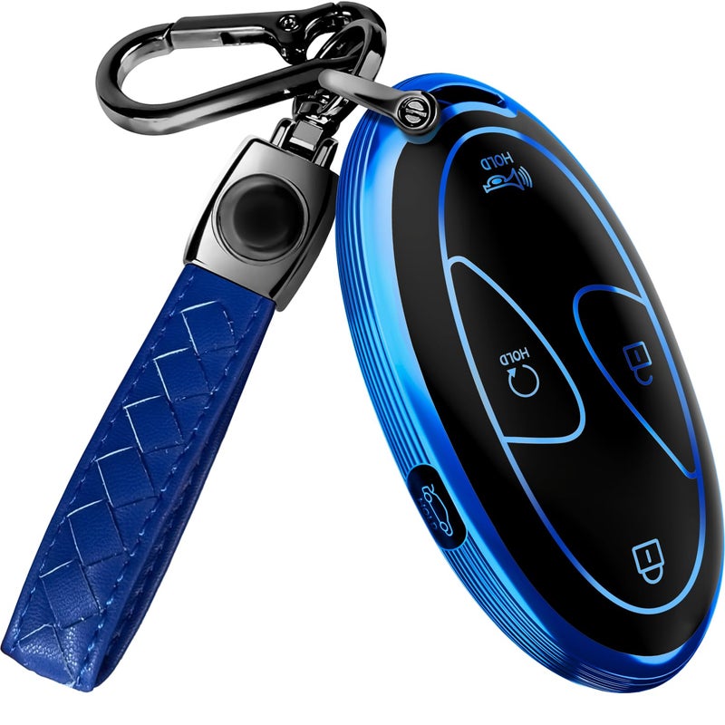 Lucrum Compatible with Hyundai Key Fob Cover & Leather Keychain, Keyfob Case for Santa Fe, Sonata, Tucson, Grandeur, Ioniq 6, KONA, Elantra - For 5 Button Remote (2022-2025) - Blue and Black - Image 1