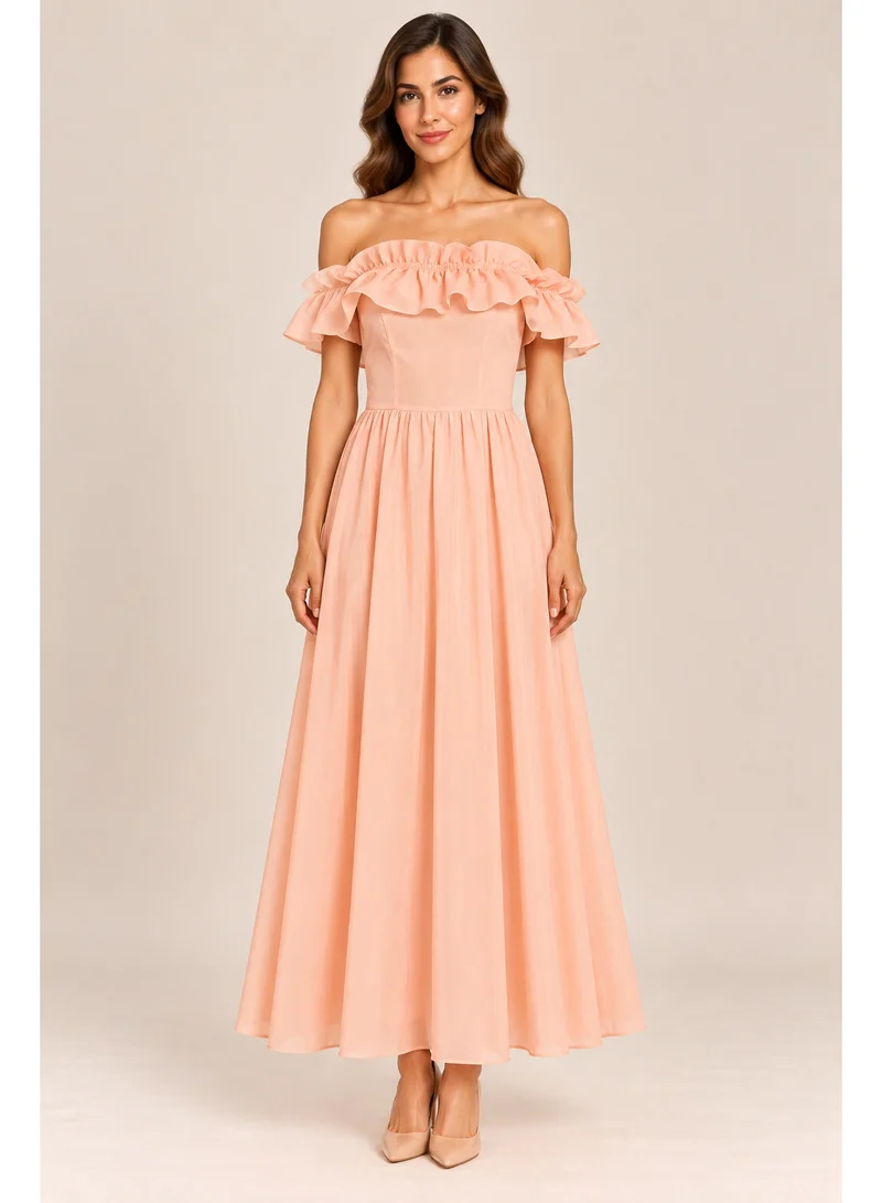 2Trendy Women's Pink Maxi Dress with Off-Shoulder Ruffle Neckline