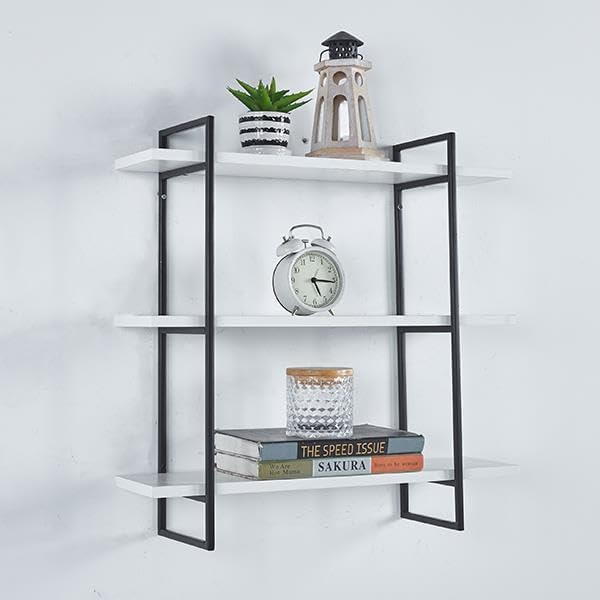 DDS Dream Decor Shoppee Three Tier Metal & Engineered Wood Kitchen Rack Floating Shelves for Wall Décor Storage, Wall Shelves, Wall Mounted for Bedroom, Living Room, Bathroom (Black White) - Image 2