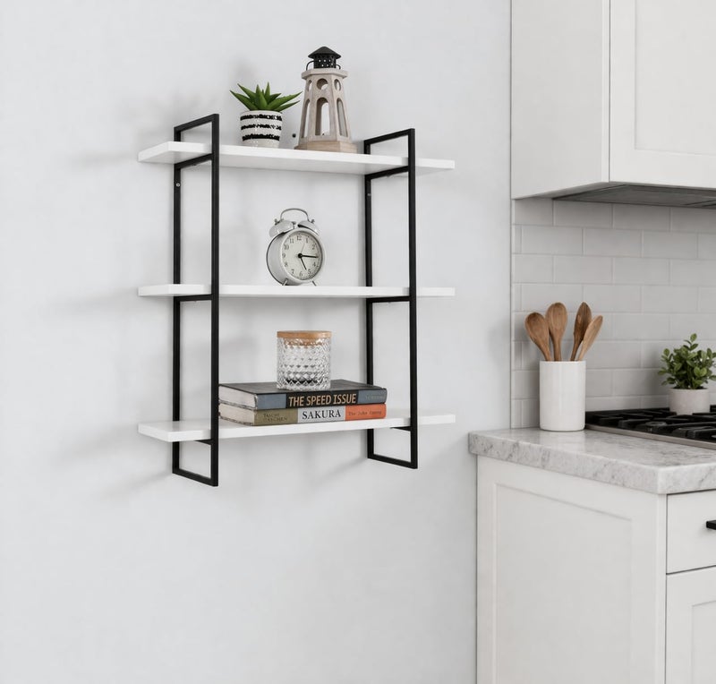 DDS Dream Decor Shoppee Three Tier Metal & Engineered Wood Kitchen Rack Floating Shelves for Wall Décor Storage, Wall Shelves, Wall Mounted for Bedroom, Living Room, Bathroom (Black White) - Image 1