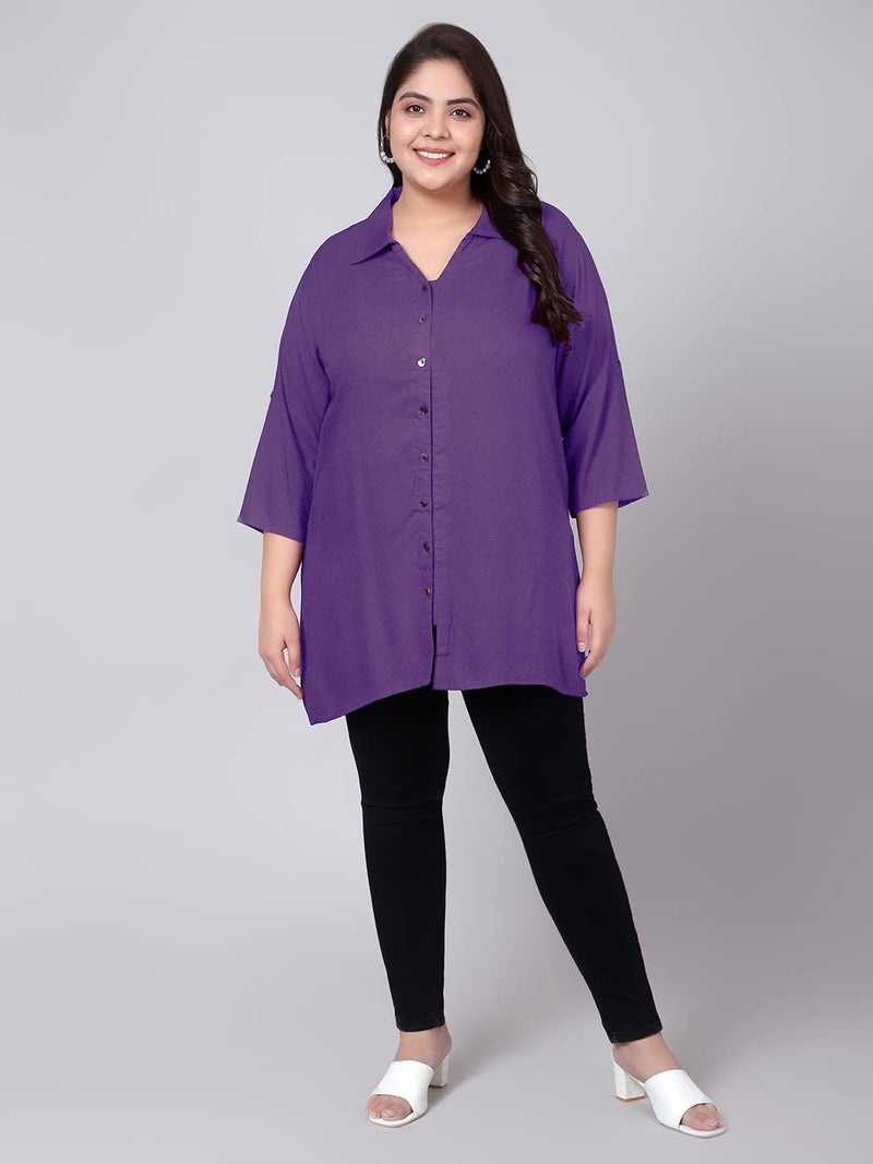 Indietoga Women Rayon Regular Fit Plus Size Longline Shirts (10001419_Lavender Solid_3XL) - Image 3