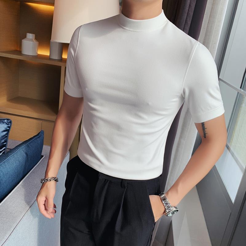 2021 spring men's half turtleneck solid color slim thin T-shirt British casual short-sleeved mid-neck bottoming shirt lightgrey M - Image 4