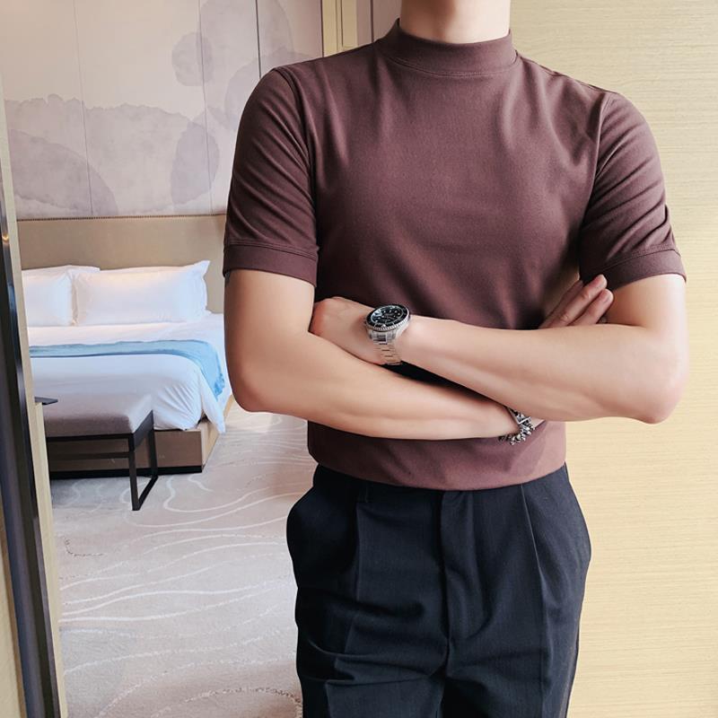 2021 spring men's half turtleneck solid color slim thin T-shirt British casual short-sleeved mid-neck bottoming shirt lightgrey M - Image 5
