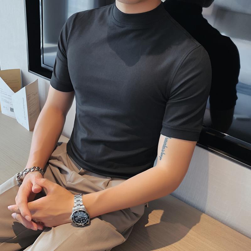 2021 spring men's half turtleneck solid color slim thin T-shirt British casual short-sleeved mid-neck bottoming shirt lightgrey M - Image 1