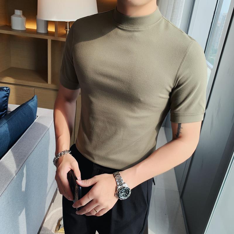 2021 spring men's half turtleneck solid color slim thin T-shirt British casual short-sleeved mid-neck bottoming shirt lightgrey M - Image 2