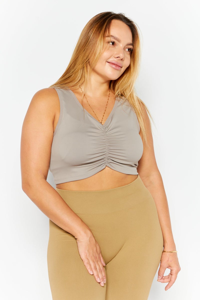 Reebok Women Sportswear Fit Training Ruched Cropped Tank Top, Taupe - Image 1