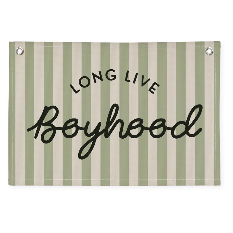 XYDEG Long Live Boyhood Linen Banner Hanging Vintage Sage Green Stripes Flag Banner for Nursery Playroom Wall Decor for Kids Bedroom Living Room Dorm Toddler Decorations Trendy Room 30x20 boyroom - Image 1