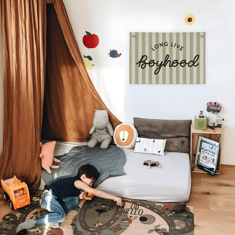 XYDEG Long Live Boyhood Linen Banner Hanging Vintage Sage Green Stripes Flag Banner for Nursery Playroom Wall Decor for Kids Bedroom Living Room Dorm Toddler Decorations Trendy Room 30x20 boyroom - Image 4
