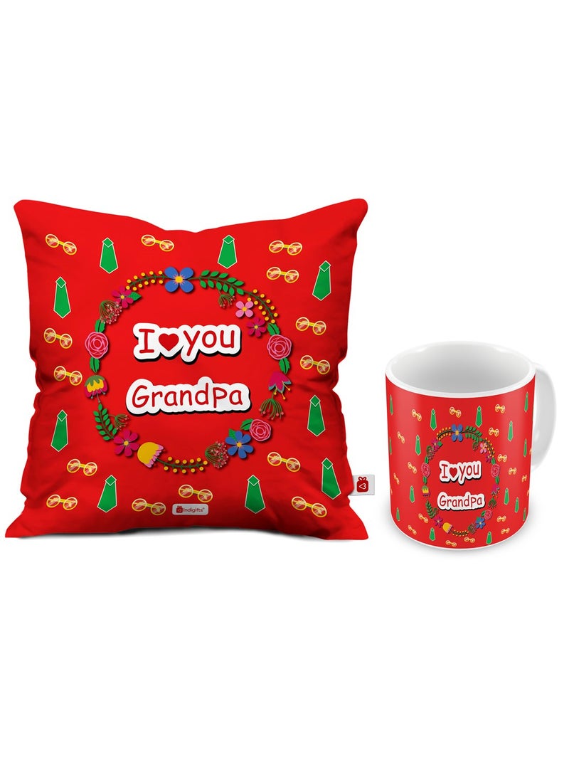 Indigifts Indigifts Grandfather Birthday Gifts I Love You Grandpa Quote Seamless Tie Pattern Red Coffee Mug & Cushion Cover 12x12 inch with Filler - Gift for Granddad Grandparents Anniversary, Grandfather Mug  - Image 1
