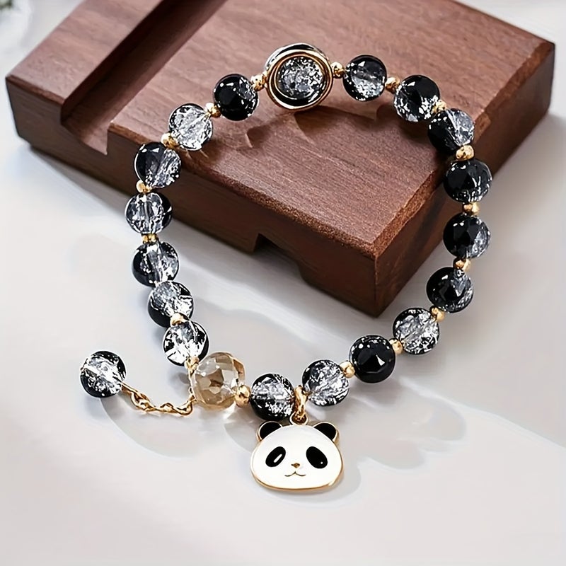 Cute Black-White Crackled Crystal Panda Bracelet - Adorable Panda Hand Chain Birthday Gift - Image 1