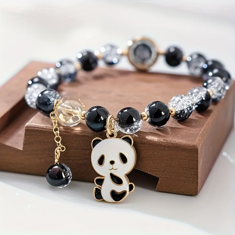 Cute Black-White Crackled Crystal Panda Bracelet - Adorable Panda Hand Chain Birthday Gift - Image 4