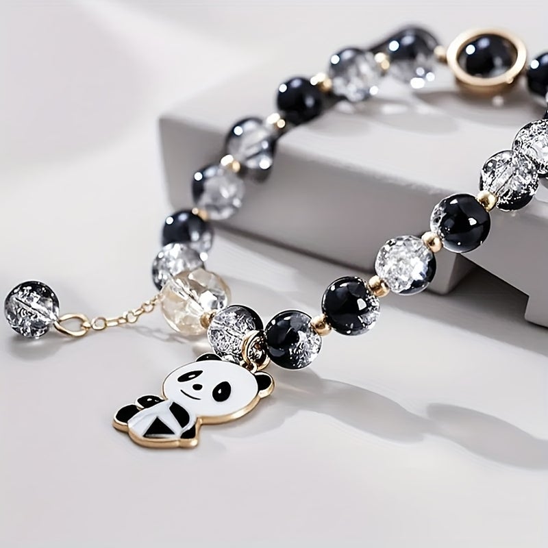 Cute Black-White Crackled Crystal Panda Bracelet - Adorable Panda Hand Chain Birthday Gift - Image 3