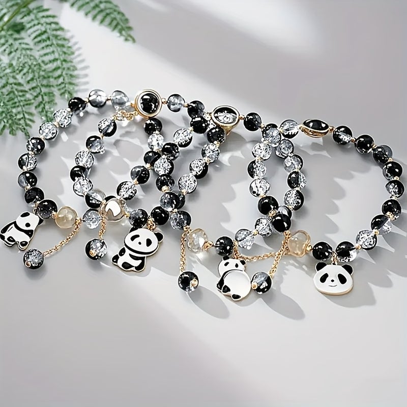 Cute Black-White Crackled Crystal Panda Bracelet - Adorable Panda Hand Chain Birthday Gift - Image 2