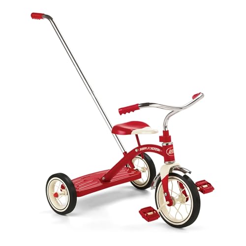 Radio Flyer 34TX Kids Beginner Classic Steel Framed 10 Inch Front Wheel Adjustable Seat Tricycle with 3 Position Push Handle Red - Image 1