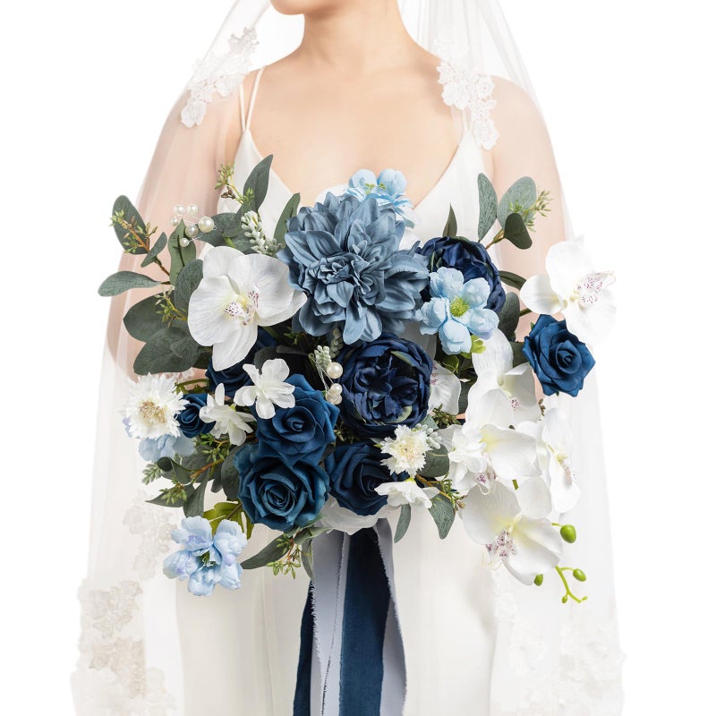 Ling's moment Lings Moment Navy Blue Bridal Bouquet 13 Inch Wedding Bouquets for Bride Silk Free Form Bridal Bouquets for Wedding Ceremony Anniversary etc 