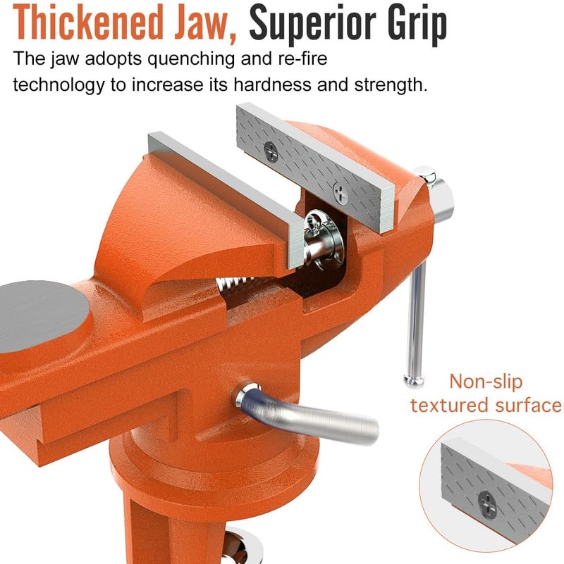 Housolution Universal Table Vise 3 Inch, 360°Swivel Base Bench Clamp Home Vise Clamp-On Vise Repair Tool Portable Work Bench Vise for Woodworking, Cutting Conduit, Drilling, Metalworking, Orange - Image 3