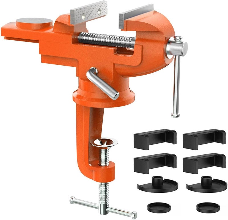 Housolution Universal Table Vise 3 Inch, 360°Swivel Base Bench Clamp Home Vise Clamp-On Vise Repair Tool Portable Work Bench Vise for Woodworking, Cutting Conduit, Drilling, Metalworking, Orange - Image 1