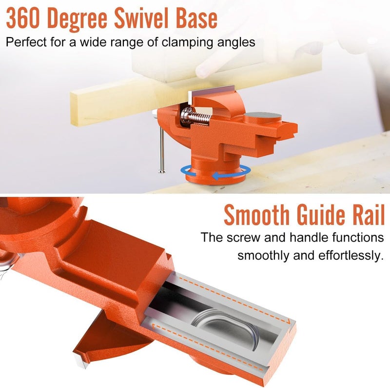 Housolution Universal Table Vise 3 Inch, 360°Swivel Base Bench Clamp Home Vise Clamp-On Vise Repair Tool Portable Work Bench Vise for Woodworking, Cutting Conduit, Drilling, Metalworking, Orange - Image 5