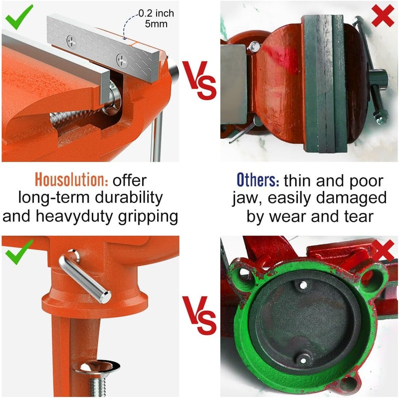 Housolution Universal Table Vise 3 Inch, 360°Swivel Base Bench Clamp Home Vise Clamp-On Vise Repair Tool Portable Work Bench Vise for Woodworking, Cutting Conduit, Drilling, Metalworking, Orange - Image 4