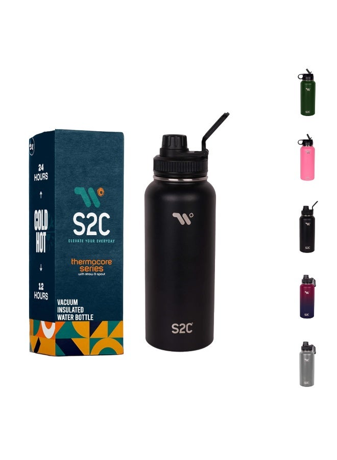 S2C Stainless Steel Water Bottle 1L,32oz Double Wall Vacuum Insulated Water Bottle, BPA Free Water Bottle for Kids School with Spout Lid - Thermos Water Flask for Hot Water, Water Bottles (BLACK) - Image 1