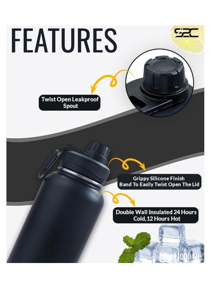 S2C - S2C Stainless Steel Water Bottle 1L,32oz Double Wall Vacuum Insulated Water Bottle, BPA Free Water Bottle for Kids School with Spout Lid - Thermos Water Flask for Hot Water, Water Bottles (BLACK) - Image 1