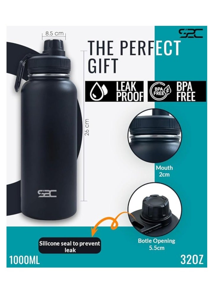 S2C - S2C Stainless Steel Water Bottle 1L,32oz Double Wall Vacuum Insulated Water Bottle, BPA Free Water Bottle for Kids School with Spout Lid - Thermos Water Flask for Hot Water, Water Bottles (BLACK) - Image 1